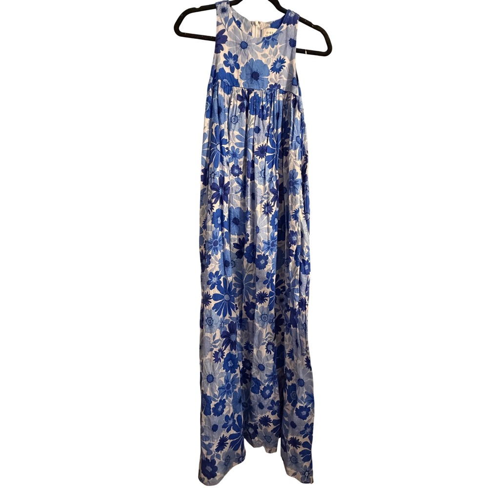 DISSH Blue Floral 100% Linen Maxi Dress Sleeveless High Neck Size US 2